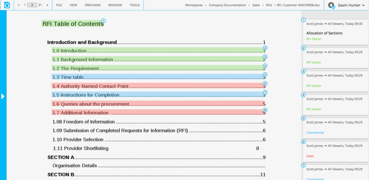 Allocate RFI sections to be answered and reviewed by different departments