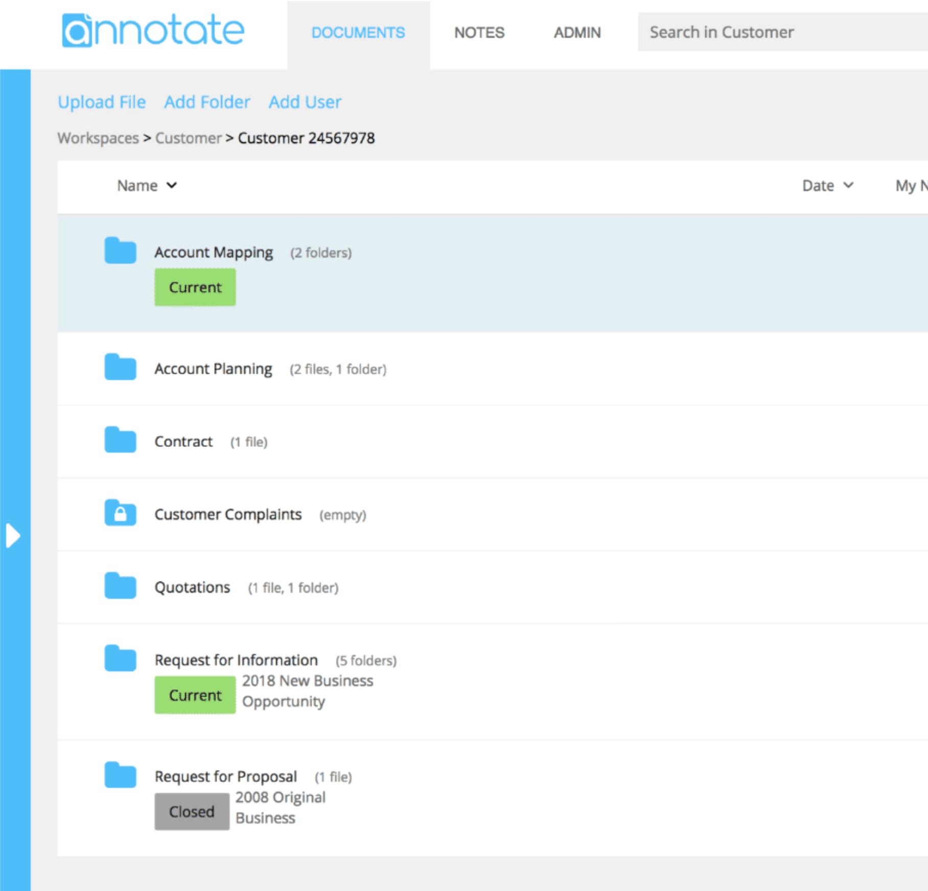 Customer workspace with all relevant customer documents